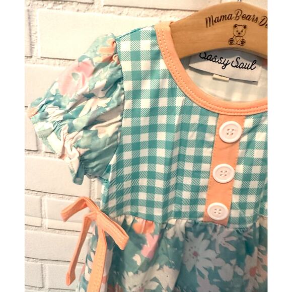 Toddler Girls 18 Months Sassy Saul Green Pink Plaid Floral Spring Summer Dress - Picture 3 of 11